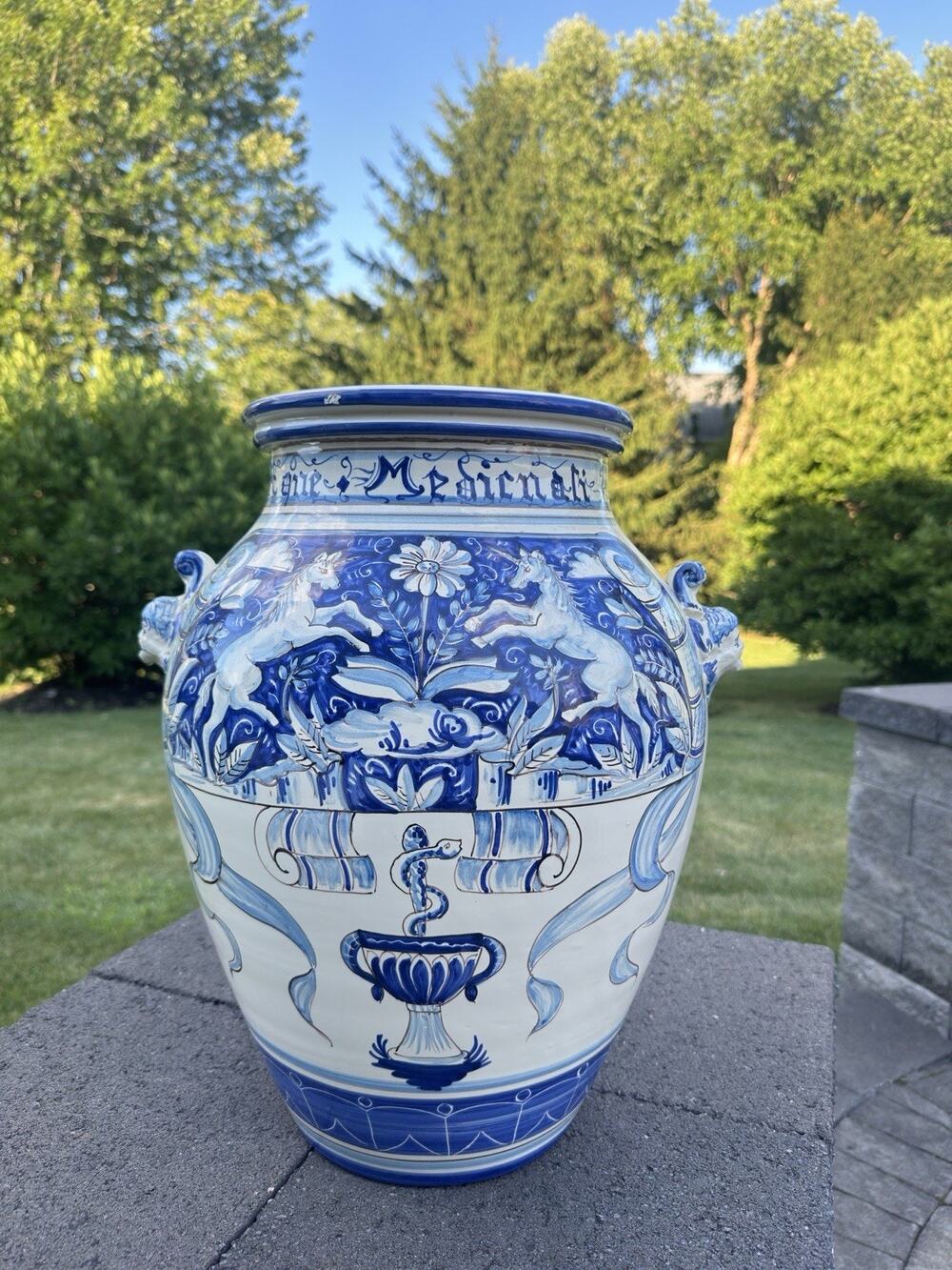 VTG Italian Majolica Blue & White Apothecary Jar Urn Unicorn Medicinali 18.5”